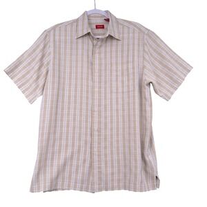 IZOD Mens Luxury Sport Short Sleeve Plaid Button Down Shirt Beige Blue Size L